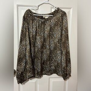 Michael Kors Women's Leopard Print Long Sleeve Blouse Size 18W Pleated Neckline